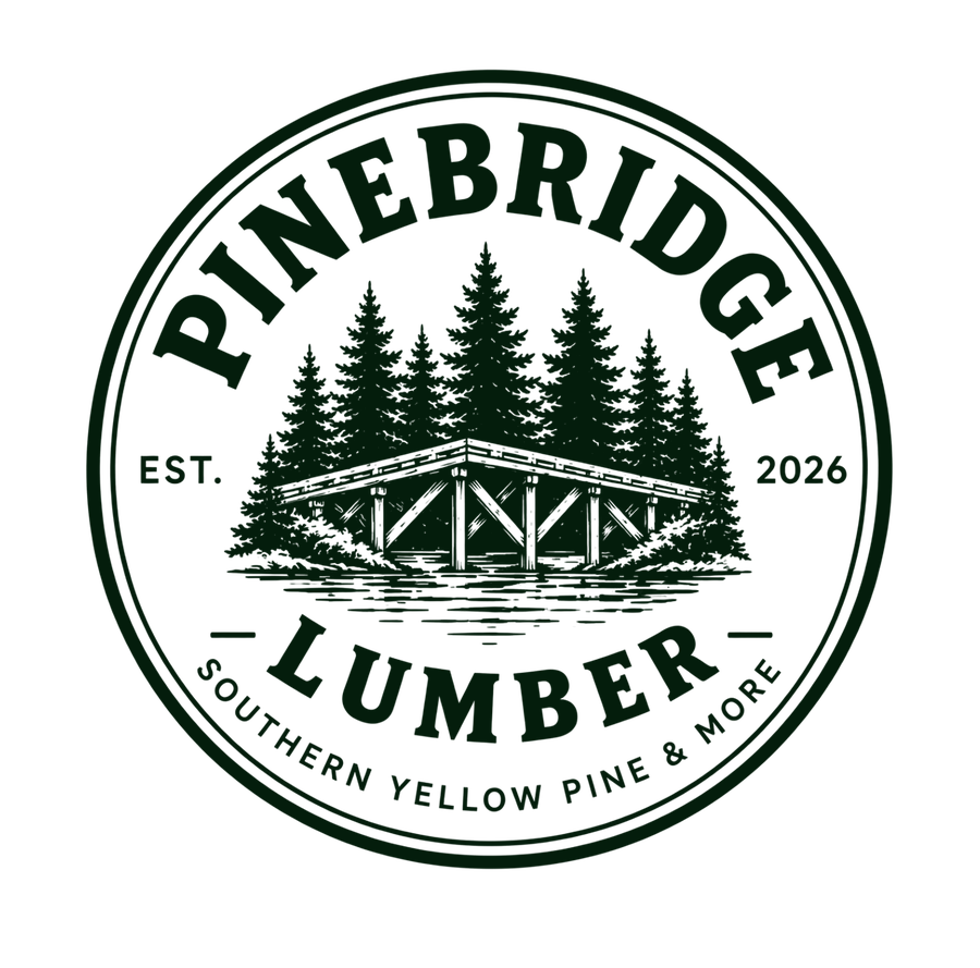 PineBridge Lumber logo: a wooden bridge among pine trees, with the words Southern Yellow Pine and More, Established 2026